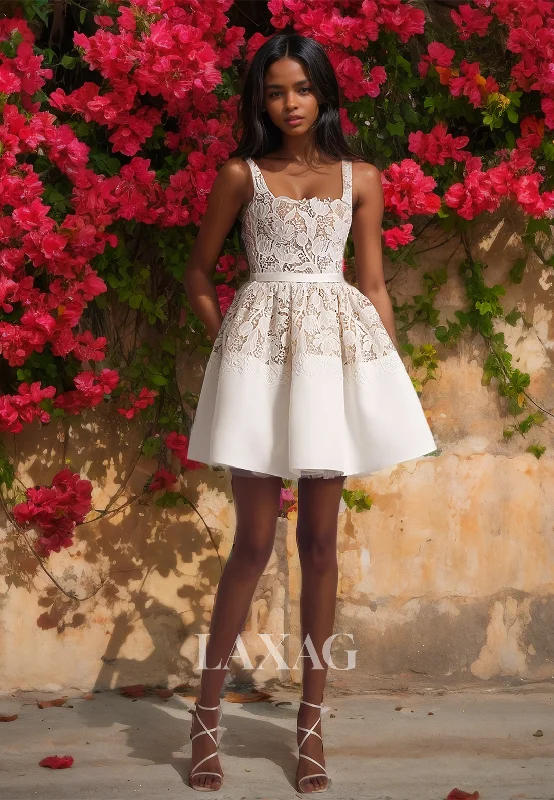 Weekend Special Discounts Square-Neck Sleeveless Short A-Line Beach Bride Dress Spaghetti Straps Lace Applique Boho Wedding Dress Weekend Special Discounts Square-Neck Sleeveless Short A-Line Beach Bride Dress Spaghetti Straps Lace Applique Boho Wedding Dress