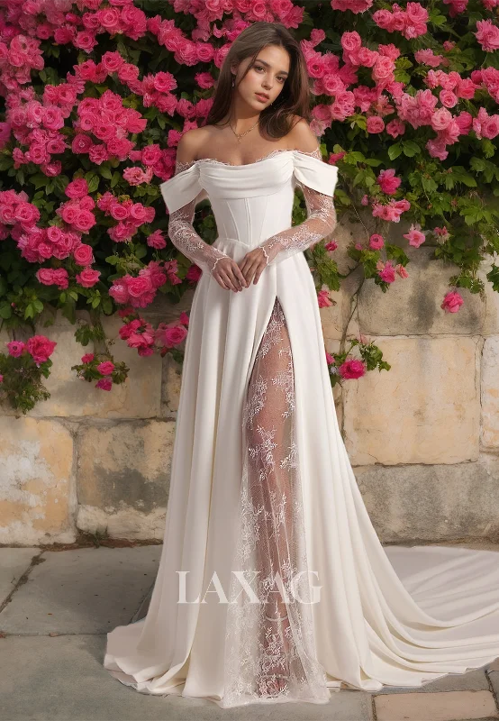 Weekend Flash Savings Lace Long Sleeves Sweetheart Pleated A-Line Wedding Dress Off-Shoulder High Slit Bride Gowns with Train Weekend Flash Savings Lace Long Sleeves Sweetheart Pleated A-Line Wedding Dress Off-Shoulder High Slit Bride Gowns with Train