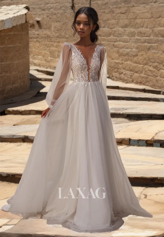 Weekend Big Sale Deep V-Neck Tulle Long-Sleeves A-Line Bride Gowns Beaded and Lace Applique Wedding Dress