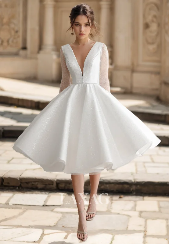 Weekend Steals Await Deep V-Neck Long-Sleeves A-Line Boho Wedding Dress Glitter-Knit Pleated Beach Bride Gowns