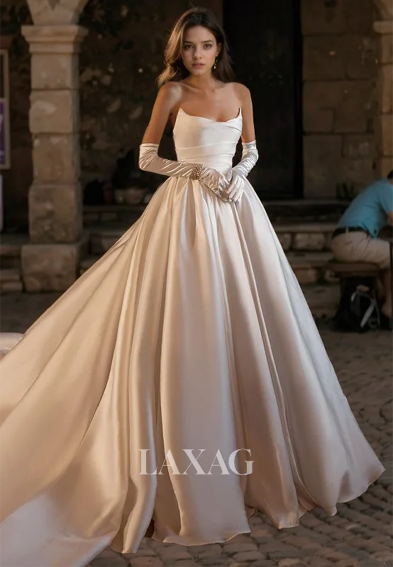 Weekend Flash Offers Ornate Tube Top Off-Shoulder Bride Gowns Pleated Train A-Line Wedding Dress with Gloves