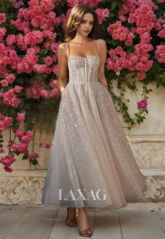 Weekend Discount Extravaganza Spaghetti Straps Tube Top Sleeveless Boho Wedding Dress Glitter-Knit A-Line Beach Bride Gowns