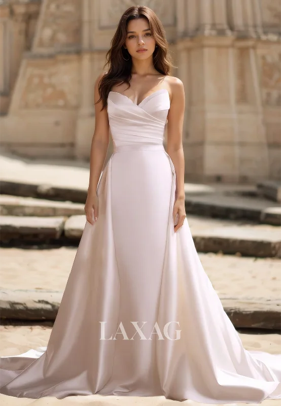Weekend Steal of the Day Simple V-Neck Sleeveless Off-Shoulder Pleated Satin Mermaid Wedding Dress with Overskirt