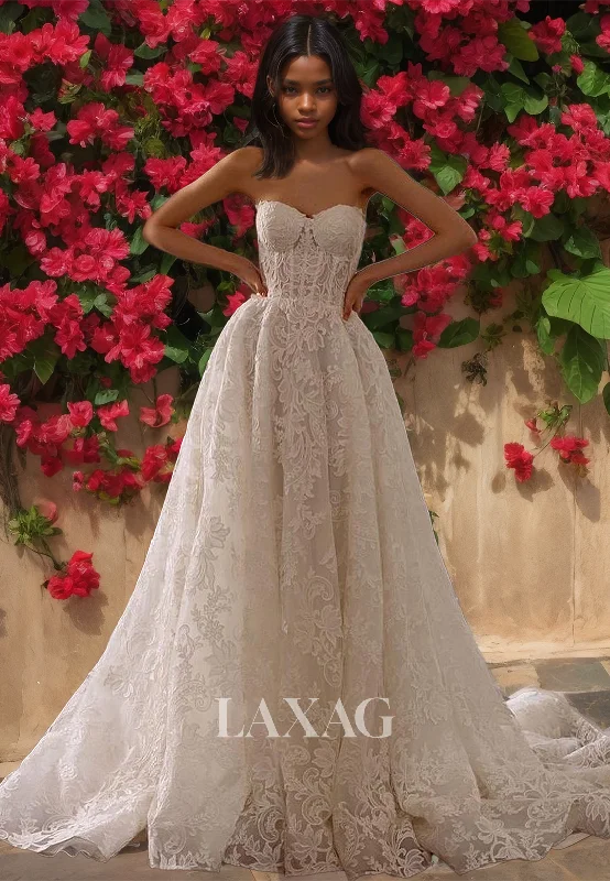 Weekend Shopping Deals Galore Allover Lace Applique Sweetheart Sleeveless Bride Dress Off-Shoulder Cutout A-Line Wedding Dress with Train