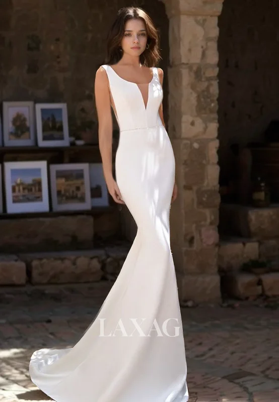 Weekend Price Slash Day Scoop-Neck Straps Sleeveless Satin Mermaid Wedding Dress Beaded Cutout Train Bride Gowns