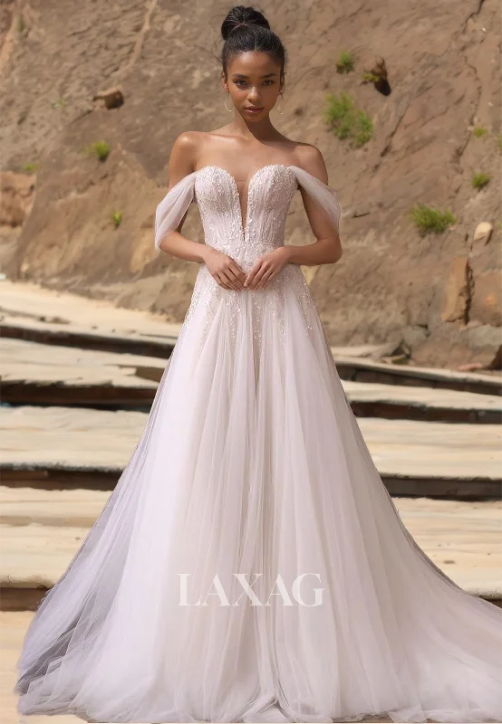 Weekend Deals Galore Sweetheart Sleeveless Tulle A-Line Wedding Dress Beaded Applique Cutout Bride Gowns with Train