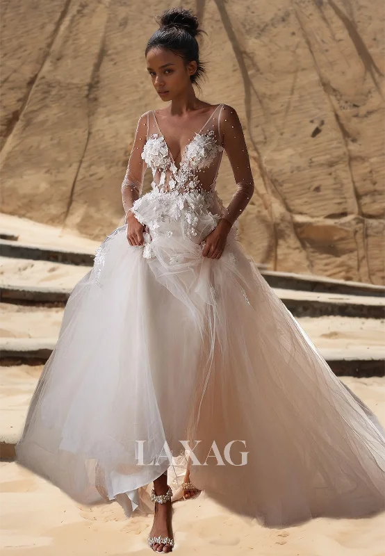 Weekend Massive Discounts Deep V-Neck Long-Sleeves Tulle A-Line Bride Gowns Floral Embellished Beaded Wedding Dress