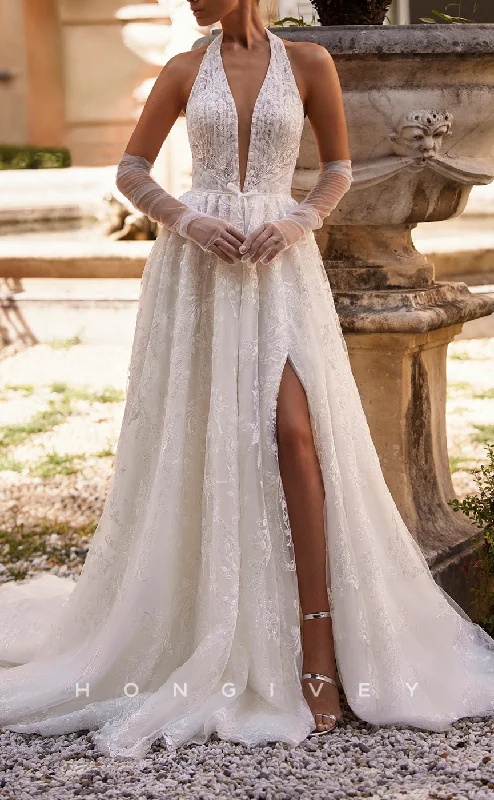Weekend Flash Markdown H1423 - Sexy Satin A-Line V-Neck Halter Empire Appliques Sequined Beaded With Side Slit Train Wedding Dress
