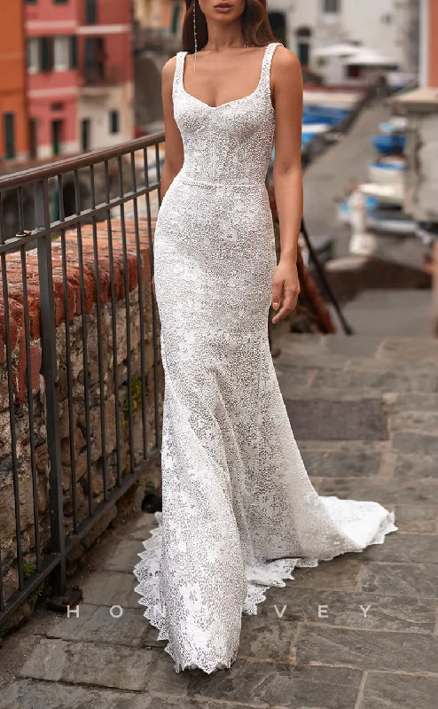 Weekend Shopping Madness H1424 - Sexy Lace Trumpet Bateau Straps Empire Fully Appliques Sleeveless With Train Wedding Dress