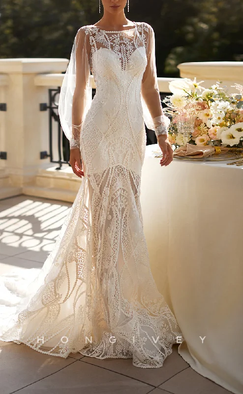 Weekend Must-Have Offers H1425 - Sexy Lace Trumpet Square Long Sleeve Appliques Illusion With Train Boho Wedding Dress