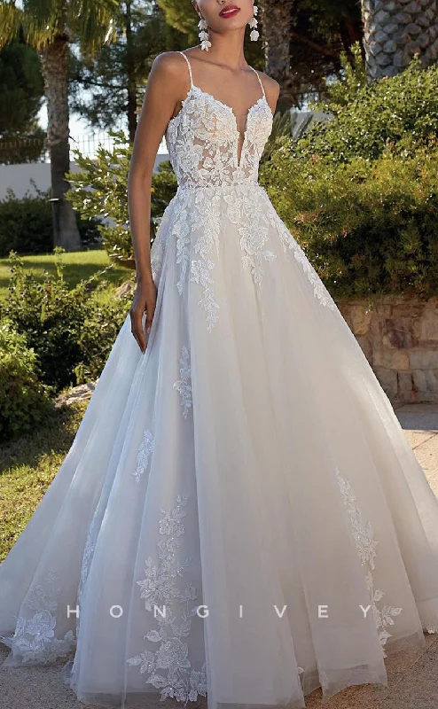 Weekend Shopping Highlights H1426 - Sexy Tulle A-Line V-Neck Spaghetti Straps Empire Lace Appliques With Train Wedding Dress