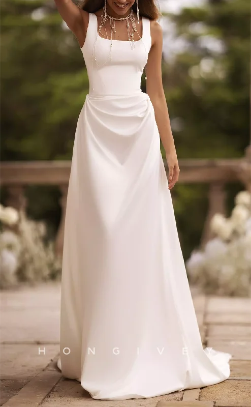 Weekend Super Sale Frenzy H1428 - Sexy Satin A-Line Square Straps Empire Ruched With Train Wedding Dress