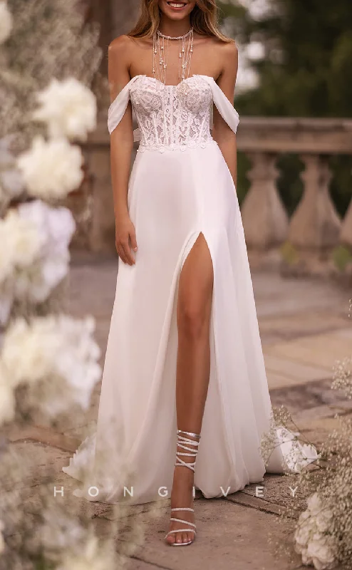 Weekend Hot Bargains H1432 - Sexy Satin A-Line Off-Shoulder Empire Illusion Lace Appliques With Side Slit Wedding Dress