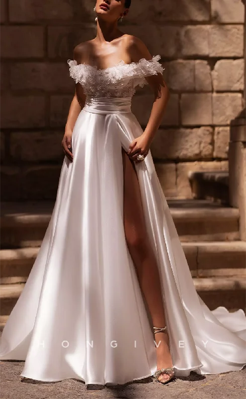Weekend Mega Sale Event H1435 - Sexy Satin A-Line Off-Shoulder Empire Ruched Floral Embossed With Side Slit Wedding Dress Weekend Mega Sale Event H1435 - Sexy Satin A-Line Off-Shoulder Empire Ruched Floral Embossed With Side Slit Wedding Dress