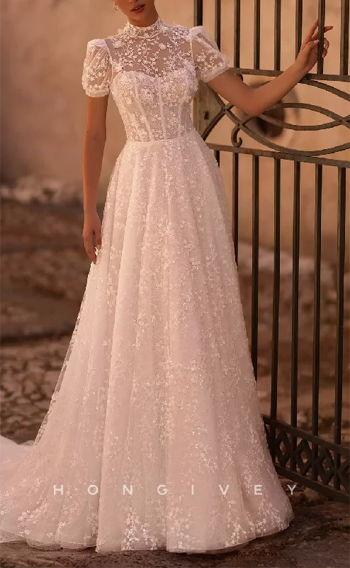 Weekend Best Deals H1436 - Sexy Lace A-Line High Neck Short Sleeves Empire Allover Lace Sequined With Train Wedding Dress Weekend Best Deals H1436 - Sexy Lace A-Line High Neck Short Sleeves Empire Allover Lace Sequined With Train Wedding Dress