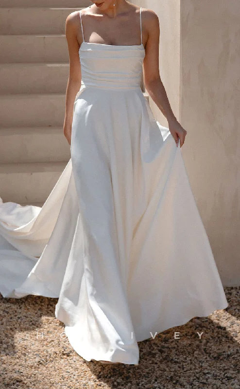 Weekend Price Drop Event H1437 - Sexy Satin A-Line Square Spaghetti Straps Ruched With Train Wedding Dress Weekend Price Drop Event H1437 - Sexy Satin A-Line Square Spaghetti Straps Ruched With Train Wedding Dress