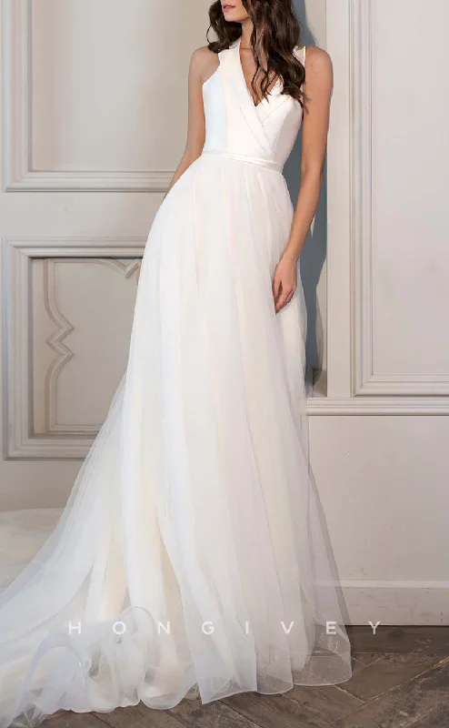 Weekend Buy One Get One H1438 - Sexy A-Line V-Neck Halter Empire Two Tone Belt With Tulle Train Wedding Dress Weekend Buy One Get One H1438 - Sexy A-Line V-Neck Halter Empire Two Tone Belt With Tulle Train Wedding Dress