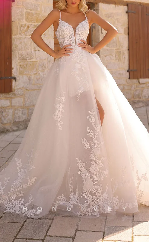 Weekend Special Sale H1441 - Sexy  Tulle A-Line Sweetheart Spaghetti Straps Empire Appliques With Side Slit Train Wedding Dress