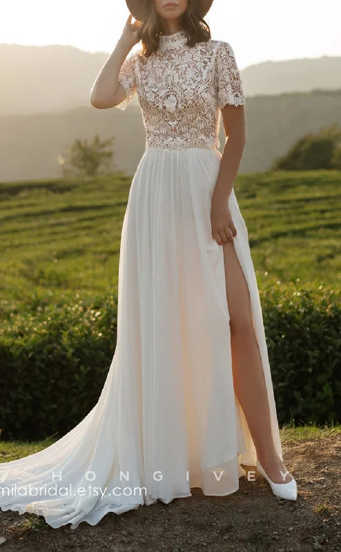 Best Prices This Week H1450 - Sexy Satin A-Line High Neck Short Sleeves Empire Illusion With Side Slit Train Boho Wedding Dress Best Prices This Week H1450 - Sexy Satin A-Line High Neck Short Sleeves Empire Illusion With Side Slit Train Boho Wedding Dress