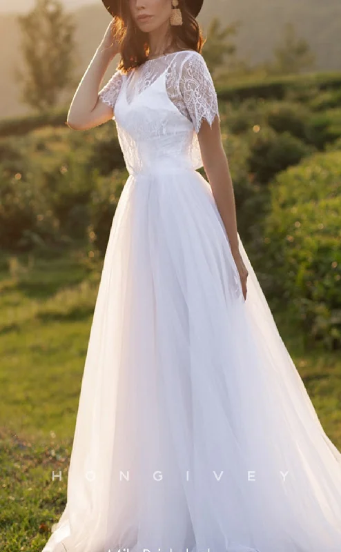 Savings Galore H1451 - Sexy Satin A-Line Round Empire Short Sleeves Lace With Train Boho Wedding Dress Savings Galore H1451 - Sexy Satin A-Line Round Empire Short Sleeves Lace With Train Boho Wedding Dress