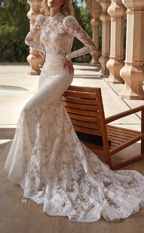 Shop & Get More H1452 - Sexy Trumpet Lace High Neck Long Sleeves Empire Illusion Appliques With Train Wedding Dress Shop & Get More H1452 - Sexy Trumpet Lace High Neck Long Sleeves Empire Illusion Appliques With Train Wedding Dress
