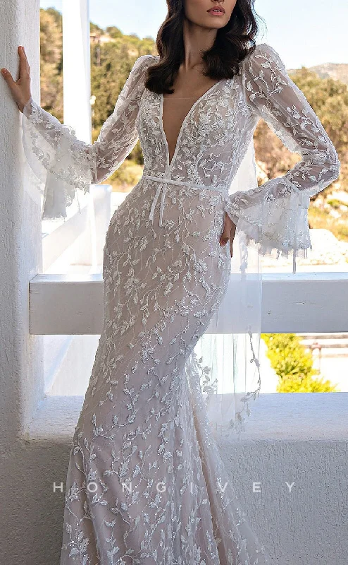 Instant Savings H1453 - Sexy Satin Trumpet V-Neck Long Bell Sleeves Empire Appliques With Train Wedding Dress Instant Savings H1453 - Sexy Satin Trumpet V-Neck Long Bell Sleeves Empire Appliques With Train Wedding Dress