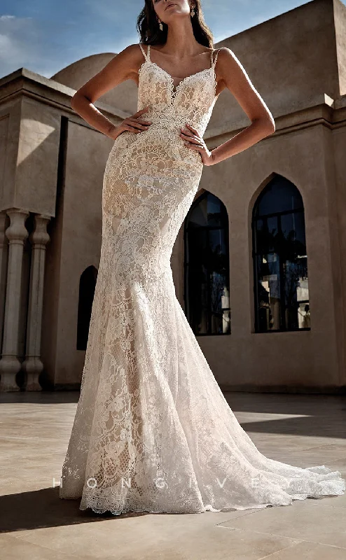 Hot Savings Alert H1455 - Sexy Trumpet Lace V-Neck Spaghetti Straps Empire Appliques With Train Wedding Dress Hot Savings Alert H1455 - Sexy Trumpet Lace V-Neck Spaghetti Straps Empire Appliques With Train Wedding Dress