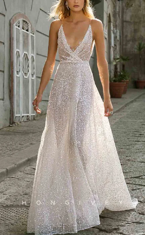 Last Chance Sale H1456 - Sexy Glitter A-Line V-Neck Spaghetti Straps Sequined Empire Ruched With Train Wedding Dress