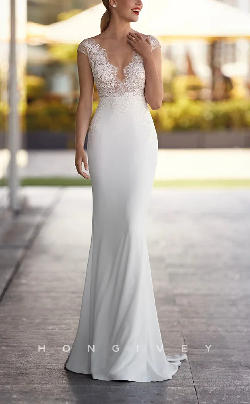 Price Cut Alert H1460 - Sexy Satin Trumpet V-Neck Cap Sleeve Empire Appliques With Train Beach Wedding Dress Price Cut Alert H1460 - Sexy Satin Trumpet V-Neck Cap Sleeve Empire Appliques With Train Beach Wedding Dress