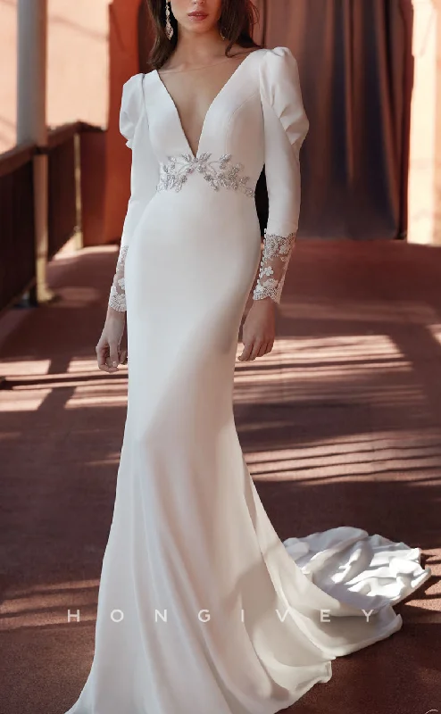 Only for You H1463 - Sexy Satin Trumpet Scoop Empire Long Sleeve Appliques With Train Boho Wedding Dress Only for You H1463 - Sexy Satin Trumpet Scoop Empire Long Sleeve Appliques With Train Boho Wedding Dress