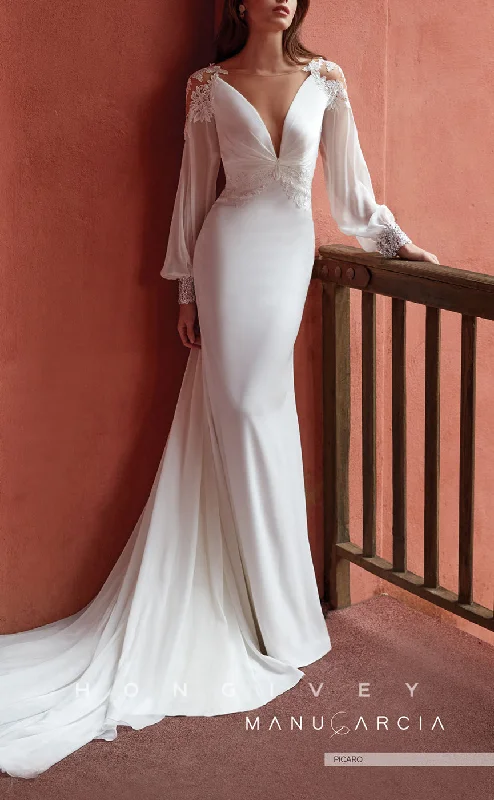 Time-Sensitive Offer H1464 - Sexy Satin Trumpet Illusion Scoop Empire Ruched Long Sleeve Appliques With Train Boho Wedding Dress Time-Sensitive Offer H1464 - Sexy Satin Trumpet Illusion Scoop Empire Ruched Long Sleeve Appliques With Train Boho Wedding Dress