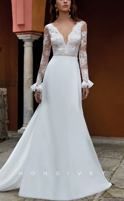 Seasonal Discounts H1465 - Sexy Tulle A-Line V-Neck Empire Lace Appliques Long Sleeve With Train Boho Wedding Dress