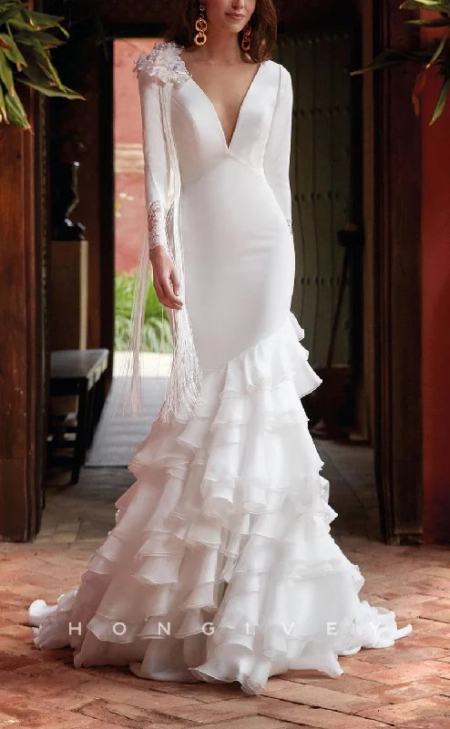 One-Day Sale H1466 - Sexy Satin Trumpet V-Neck Empire Long Sleeve Appliques Tiered Train Wedding Dress One-Day Sale H1466 - Sexy Satin Trumpet V-Neck Empire Long Sleeve Appliques Tiered Train Wedding Dress