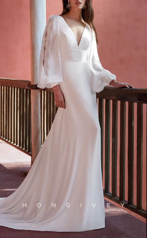 Weekend Deals H1467 - Chic Satin Trumpet Empire V-Neck Puff Sleeves Appliques With Train Boho Wedding Dress Weekend Deals H1467 - Chic Satin Trumpet Empire V-Neck Puff Sleeves Appliques With Train Boho Wedding Dress