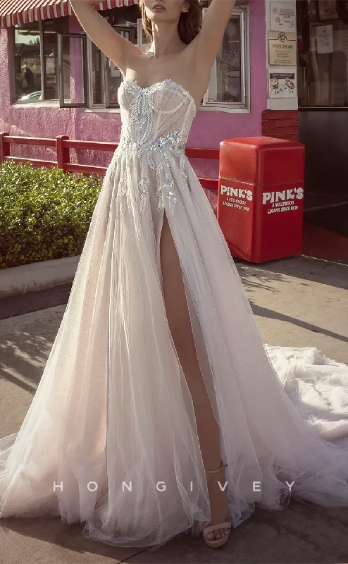 Shop & Save More H1472 - Sexy Tulle A-Line Sweetheart Strapless Empire Appliques With Side Slit Train Wedding Dress Shop & Save More H1472 - Sexy Tulle A-Line Sweetheart Strapless Empire Appliques With Side Slit Train Wedding Dress