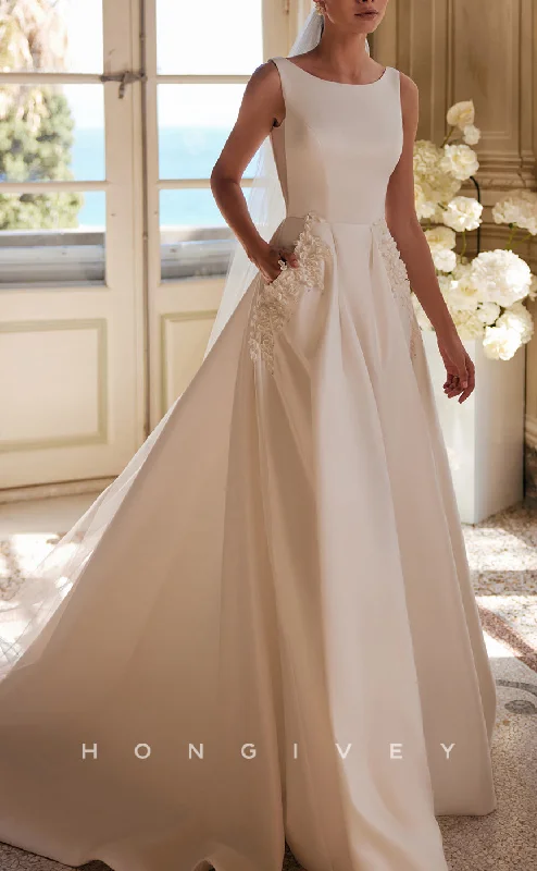 Instant Discount H1475 - Sexy Satin A-Line Scoop Empire Sleeveless  Appliques With Pockets Train Wedding Dress