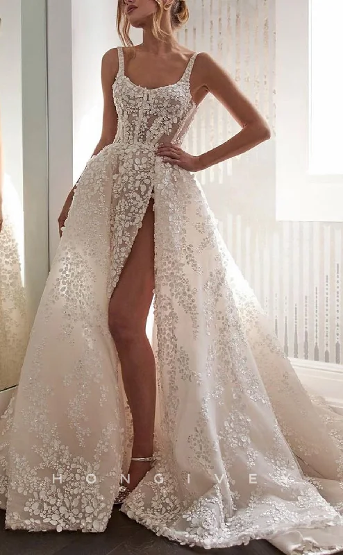 Weekend Offers and Savings H1479 - Sexy Satin A-Line Bateau Straps Illusion Empire Floral Appliques With Side Slit Train Wedding Dress Weekend Offers and Savings H1479 - Sexy Satin A-Line Bateau Straps Illusion Empire Floral Appliques With Side Slit Train Wedding Dress
