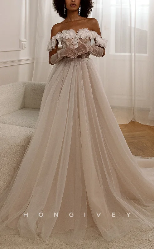 Weekend Bargain Time H1481 - Sexy Tulle A-Line Off-Shoulder Illusion Empire Floral Embossed Beaded With Train Wedding Dress Weekend Bargain Time H1481 - Sexy Tulle A-Line Off-Shoulder Illusion Empire Floral Embossed Beaded With Train Wedding Dress