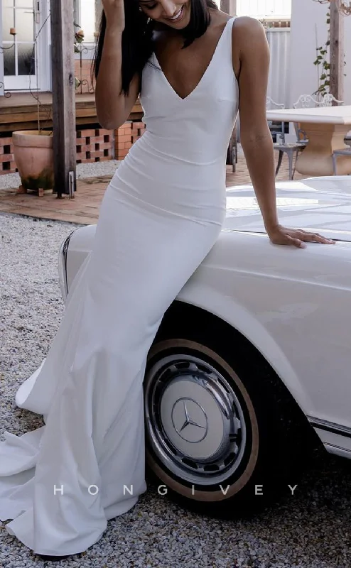 Weekend Sale Extravaganza H1491 - Sexy Satin Trumpet V-neck Straps Empire Open Back With Train Beach Wedding Dress Weekend Sale Extravaganza H1491 - Sexy Satin Trumpet V-neck Straps Empire Open Back With Train Beach Wedding Dress
