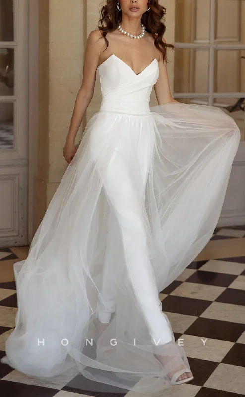Weekend Price Drop Frenzy H1492 - Sexy Satin Fitted V-Neck Strapless Empire Ruched Jumpsuit With Overlay Wedding Dress Weekend Price Drop Frenzy H1492 - Sexy Satin Fitted V-Neck Strapless Empire Ruched Jumpsuit With Overlay Wedding Dress