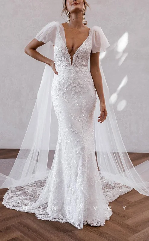 Weekend Deals You’ve Been Waiting For H1494 - Sexy Satin Trumpet V-Neck Straps Bowknot Empire Lace Sequined Appliques With Train Wedding Dress