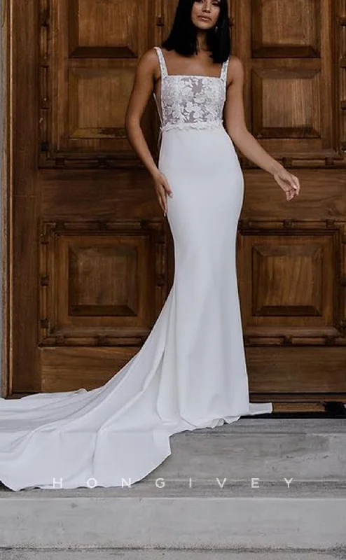 Weekend Super Sale H1497 - Sexy Satin Fitted Square Spaghetti Straps Empire Illusion Appliques With Train Wedding Dress Weekend Super Sale H1497 - Sexy Satin Fitted Square Spaghetti Straps Empire Illusion Appliques With Train Wedding Dress
