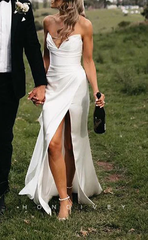 Weekend Discount Fest H1500 - Sexy Satin Trumpet V-Neck Strapless Empire Ruched With Side Slit Train Beach Wedding Dress Weekend Discount Fest H1500 - Sexy Satin Trumpet V-Neck Strapless Empire Ruched With Side Slit Train Beach Wedding Dress