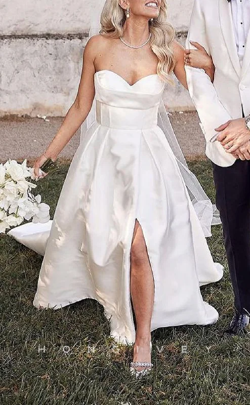 Weekend Price Drops H1501 - Sexy Satin A-Line Sweetheart Strapless Empire Ruched With Slit Beach Wedding Dress Weekend Price Drops H1501 - Sexy Satin A-Line Sweetheart Strapless Empire Ruched With Slit Beach Wedding Dress