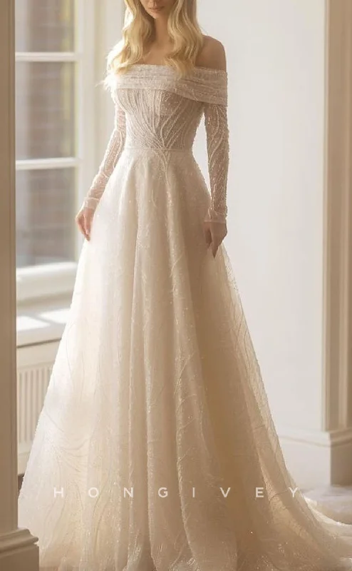 Weekend Flash Deals H1503 - Chic Tulle A-Line Off-Shoulder Long Sleeve Empire Beaded Appliques With Train Wedding Dress Weekend Flash Deals H1503 - Chic Tulle A-Line Off-Shoulder Long Sleeve Empire Beaded Appliques With Train Wedding Dress