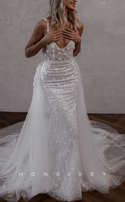 Weekend Price Slash H1504 - Sexy Fitted V-Neck Beaded Sequined Appliques With Tulle Train Wedding Dress Weekend Price Slash H1504 - Sexy Fitted V-Neck Beaded Sequined Appliques With Tulle Train Wedding Dress