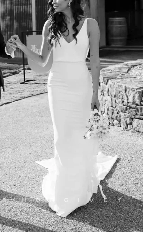 Weekend Sale Frenzy H1505 - Sexy Satin Trumpet V-Neck Straps Empire Backless With Train Beach Wedding Dress Weekend Sale Frenzy H1505 - Sexy Satin Trumpet V-Neck Straps Empire Backless With Train Beach Wedding Dress