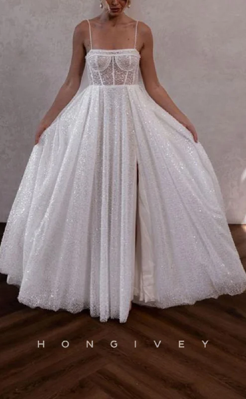 Weekend Wonders H1506 - Sexy Glitter Tulle A-Line Square Spaghetti Straps Empire Illusion With Side Slit Wedding Dress