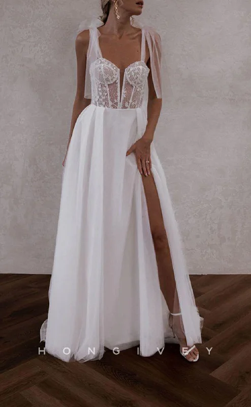 Flash Discounts H1510 - Sexy Tulle A-Line Sweetheart Bowknot Straps Illusion Empire Appliques With Side Slit Wedding Dress Flash Discounts H1510 - Sexy Tulle A-Line Sweetheart Bowknot Straps Illusion Empire Appliques With Side Slit Wedding Dress