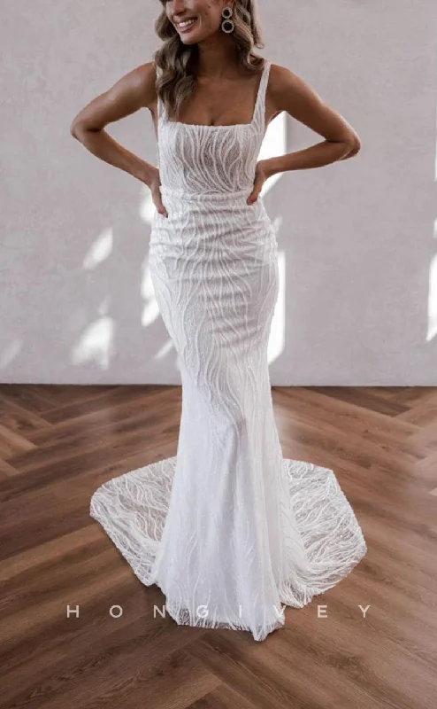 Grab Your Deal H1511 - Sexy Glitter Lace Trumpet Square Straps Empire Appliques With Train Wedding Dress Grab Your Deal H1511 - Sexy Glitter Lace Trumpet Square Straps Empire Appliques With Train Wedding Dress